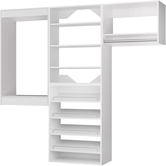 ROOMTEC Modular Closet System, 90" Wall Mounted Modern Closet Organizer with Hanging Rods and Shoe Shelf, Wooden Tower for Walk-In Closets, Wardrobe Storage Kit, White