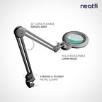 Neatfi XL Bifocal LED Magnifying Lamp – 7-Inch Acrylic Lens, 2.25x & 6X Magnification, 1,600 Lumens, Dimmable LED, Adjustable Arm, Hands-Free Close Work (Silver, with Clamp)