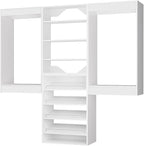 ROOMTEC Modular Closet System, 60" Wall Mounted Closet Organizer with Hanging Rods and Shoe Shelf, Wooden Tower for Walk-In Closets, Wardrobe Storage Kit, White