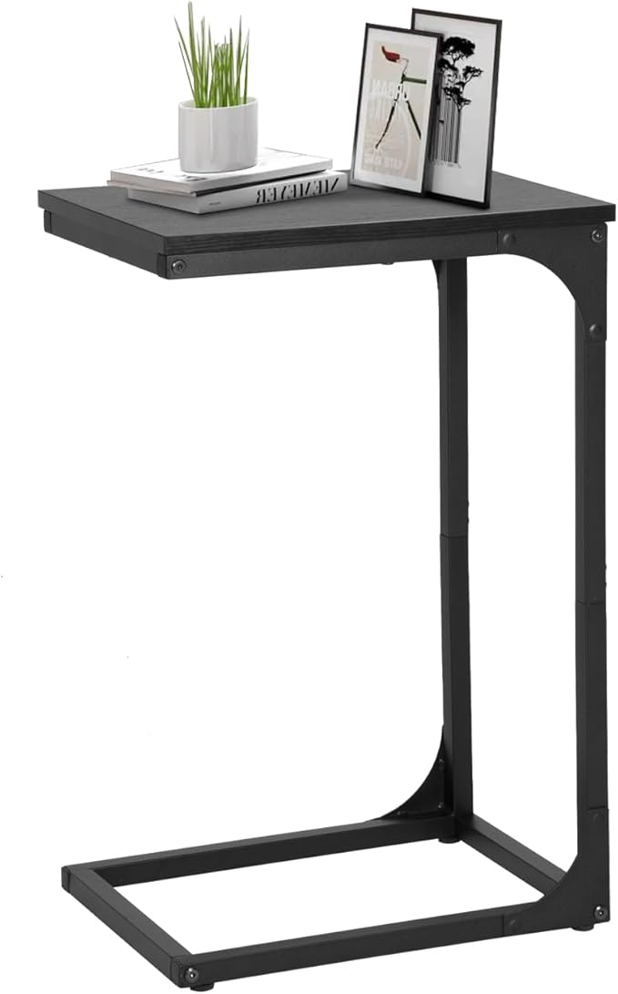 FDW C-Shaped End Table Wooden Top Side Table Adjustable Feet Small Cough Table Bedside End Table with Metal Frame for Bedroom Living Room,Black