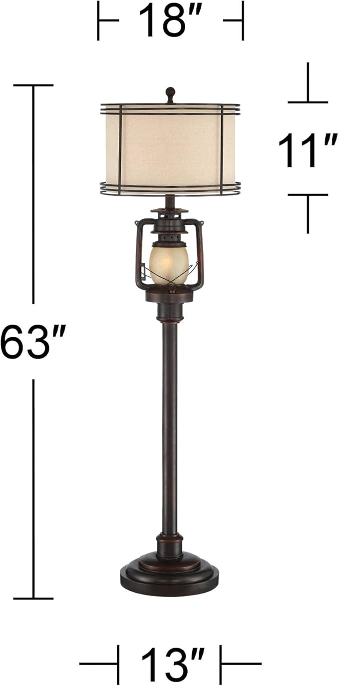 Barnes and Ivy Henson Rustic Industrial Farmhouse Standing Floor Lamp with Night Light Glass 63" Tall Bronze Earthy Fabric Drum Shade Decor for Living Room Reading House Bedroom Home