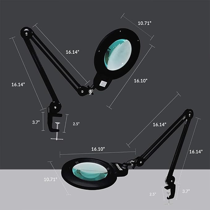 Neatfi XL Bifocal LED Magnifying Lamp – 7” Acrylic Lens, 5D/20D Magnification, 1,600 Lumens, Dimmable with 3 Light Modes, Adjustable Arm & Clamp, Lamp for Reading, Crafting (Black, CCT with Clamp)