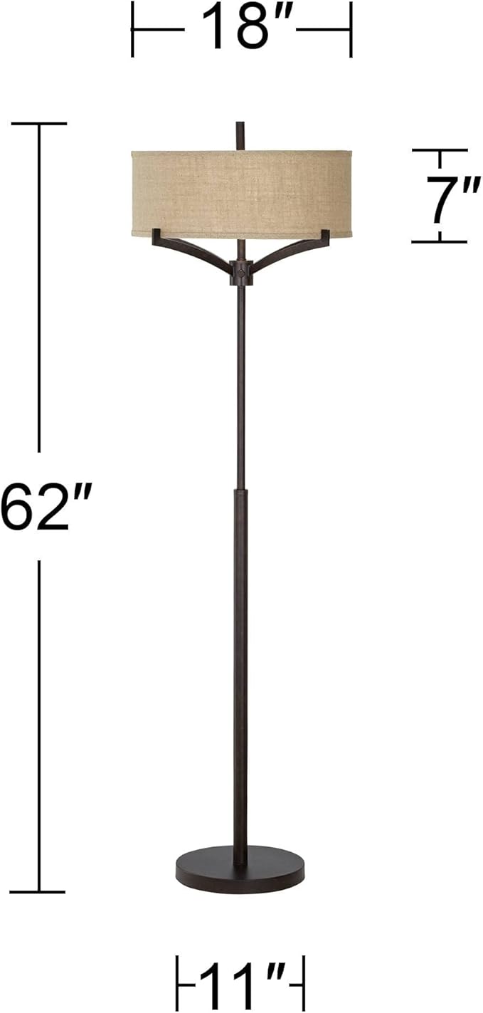 Franklin Iron Works Tremont Modern Mid Century Floor Lamp Standing 62" Tall Deep Bronze Metal Tan Burlap Drum Shade for Living Room Reading Bedroom Office House Home Decor