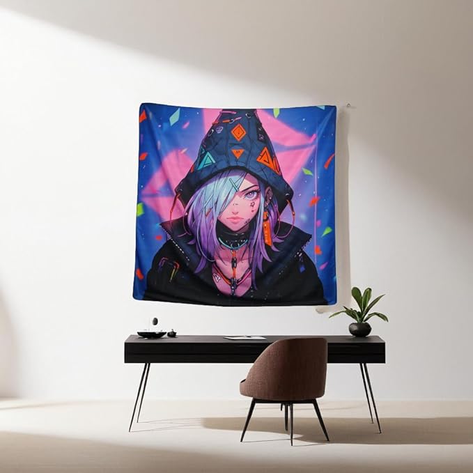 HOUHUANG Hanging paintings, blacklight tapestry, murals, and decorative paintings, fluorescent anime, cartoons, polyester material (59 "x 59") for families, bars, and outdoor parties (Cloak Girl)
