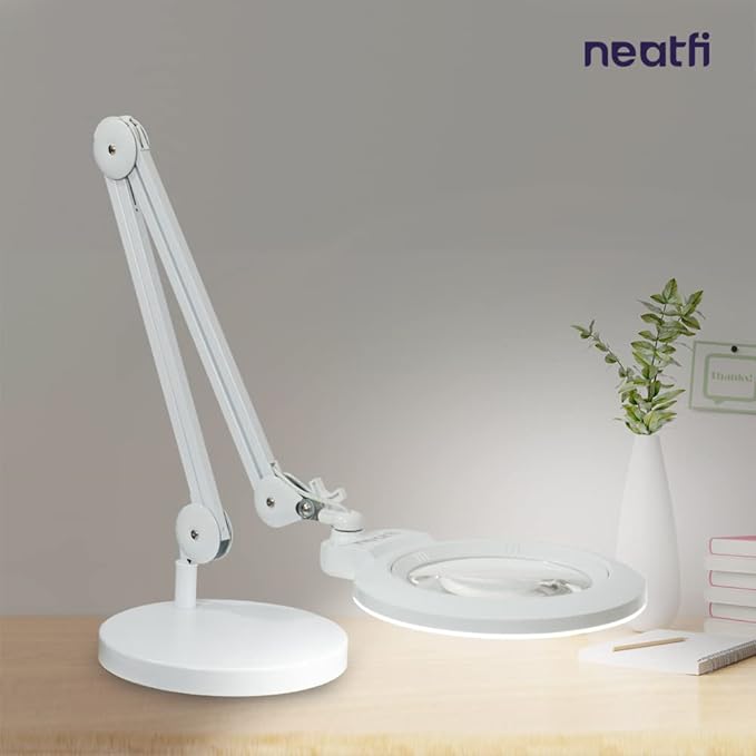 Neatfi XL Bifocal LED Magnifying Lamp – 7-Inch Acrylic Lens, 2.25x & 6X Magnification, 1,600 Lumens, Dimmable LED, Adjustable Arm, Hands-Free Close Work (White, with Base)
