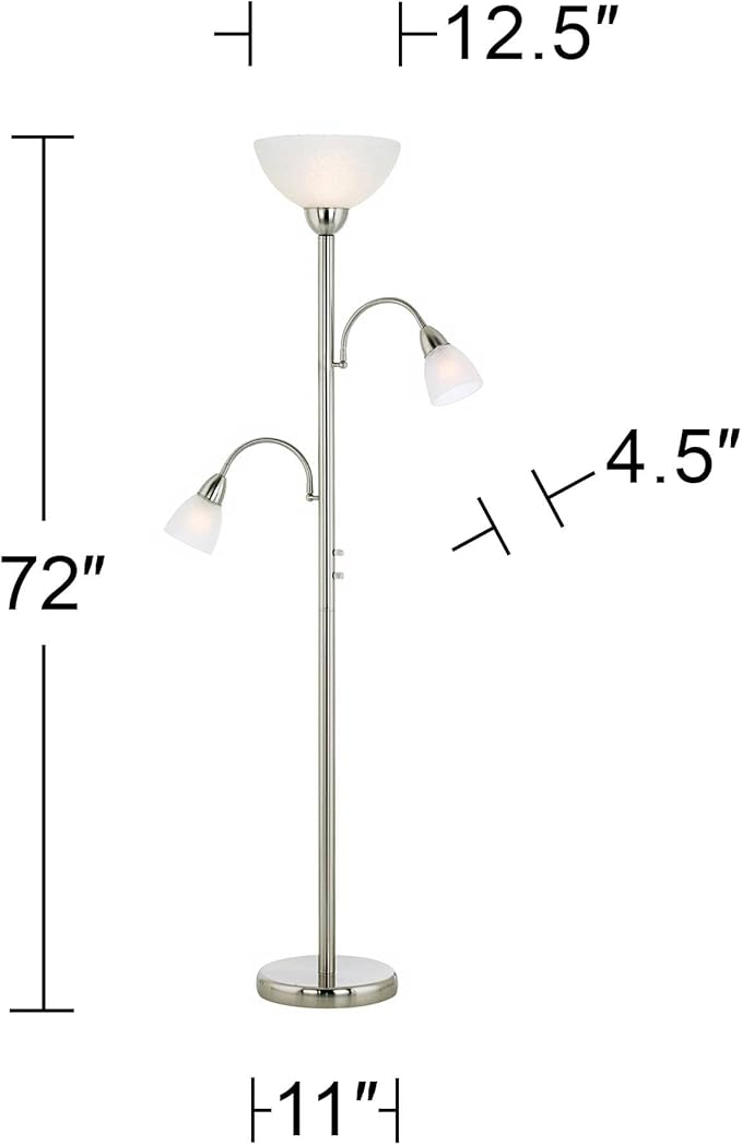 Possini Euro Design Alexei Modern Torchiere Floor Lamp Tree 3-Light Gooseneck Arm 72" Tall Brushed Nickel White Crackle Glass Pole Dimmer Living Room Reading House Bedroom Home Office
