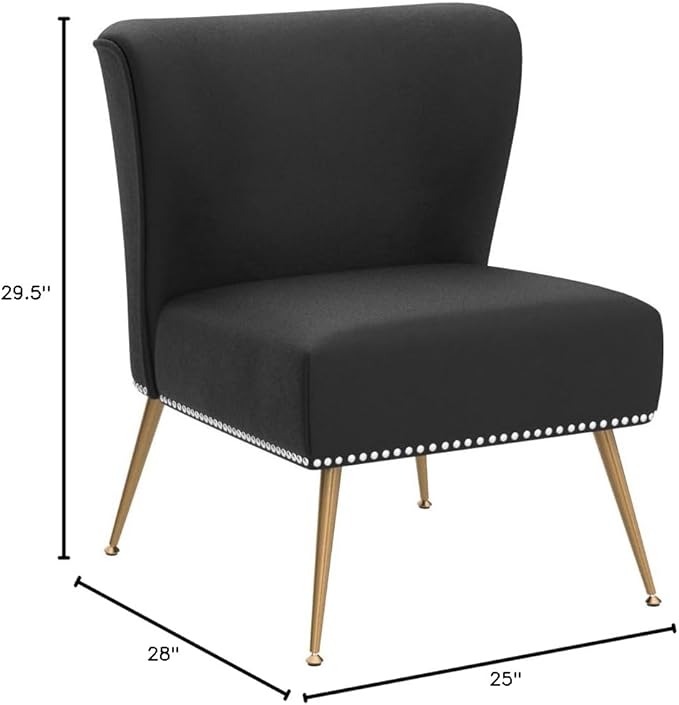 Thia Armless Velvet Accent Chair for Living Room, Elegant Seat with Nailhead Trim, Gold Metal Legs and Comfortable Curved Back, 28" D x 25" W x 29.5" H, Black