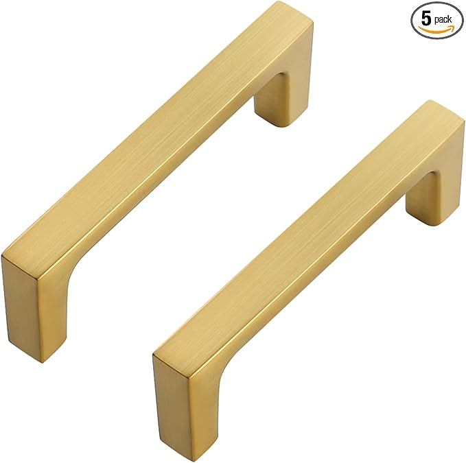 Ravinte 5 Pack Solid 3 Inch Square Cabinet Handles - Brushed Brass Drawer Pulls - Kitchen Hardware and Handles