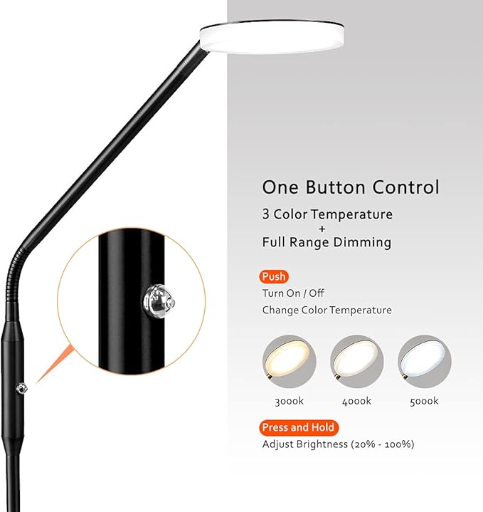 O’Bright Moon - Dimmable LED Floor Lamp, Adjustable Color Temperature for Bedside Reading, Work Light, Art/Crafting Light, Sewing, 360° Flexible Gooseneck, Rotatable Lighting, Black