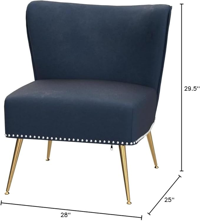 Thia Armless Velvet Accent Chair for Living Room, Elegant Seat with Nailhead Trim, Gold Metal Legs and Comfortable Curved Back, 28" D x 25" W x 29.5" H, Dark Blue