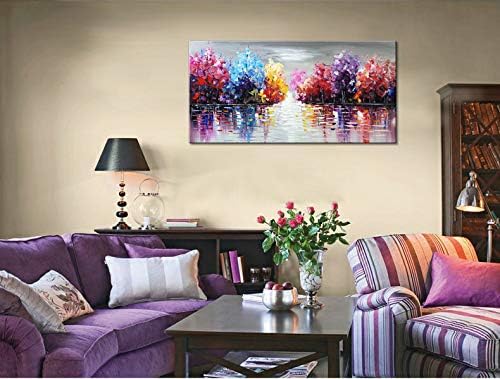 Hand Painted Colurful Textured Lake Landscape Oil Painting on Canvas Purple Tree Wall Art Abstract Nature Artwork for Living Room Bedroom Decor