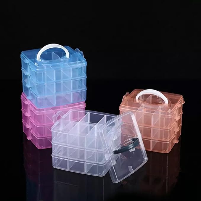 3-Tier Hair Accessories Storage Box, Clear Plastic Organizer with Handle, 5.9 x 5.9 x 5.1 in (Pink, 5.9 x 5.9 x 5.1 in)