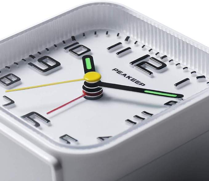 Peakeep 3D Numbers No Tick-Tock Analog Alarm Clock with Classic Beep Sound, Snooze, Manual Light and Battery Powered Small for Travel (White-3D)