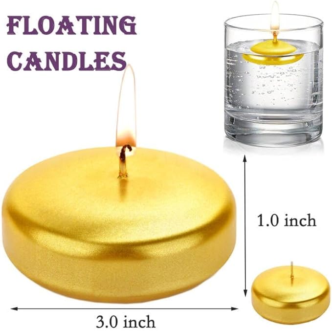 Floating Candles 3 inch Unscented and Non-Dripless Wax Burning for 13-15 Hours, 12 Pack Gold Floating Candles Used for Cylindrical Vases, Centerpieces at Parties Wedding and Home Decorations