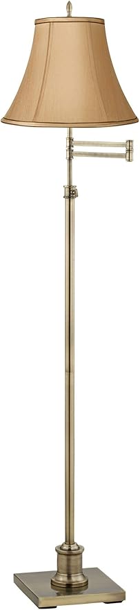 360 Lighting Westbury Traditional Swing Arm Floor Lamp Adjustable Height Standing 70" Tall Antique Brass Gold Tan Bell Shade Brown Trim Decor for Living Room Reading House Bedroom Home