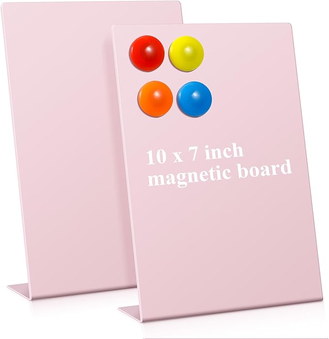 Shimeyao 2 Pcs Pink Magnetic Bulletin Board for Tabletops with 8 Magnets 10x7 Inch Memo Display Easel Stand for Home Office School Kitchen Table Supplies (Square)