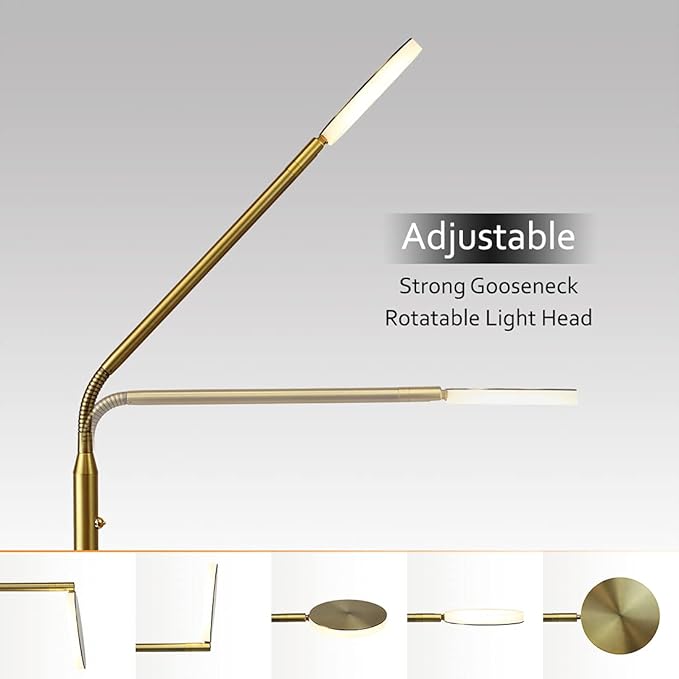 O’Bright Moon - Dimmable LED Floor Lamp, Adjustable Color Temperature for Bedside Reading, Work Light, Art/Crafting Light, Sewing, 360° Flexible Gooseneck, Rotatable Lighting, Antique Brass
