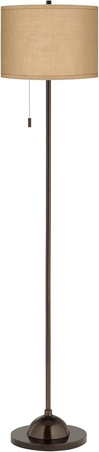 Possini Euro Design Modern Club Floor Lamp Slim Profile 62" Tall Tiger Bronze Tan Real Woven Burlap Fabric Drum Shade Standing Light Decor for Living Room Reading House Bedroom Home