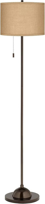 Possini Euro Design Modern Club Floor Lamp Slim Profile 62" Tall Tiger Bronze Tan Real Woven Burlap Fabric Drum Shade Standing Light Decor for Living Room Reading House Bedroom Home