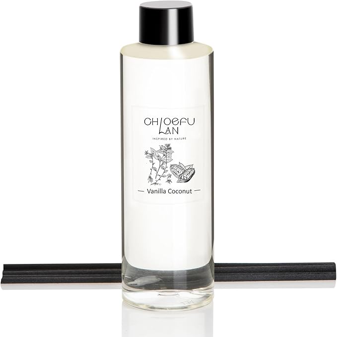Chloefu LAN Vanilla Coconut Scented Oil Diffuser Refill 6.76 fl oz Natural Essential Oil for Reéd Diffuser Home Fragrance for Bedroom, Bathroom Home Decor