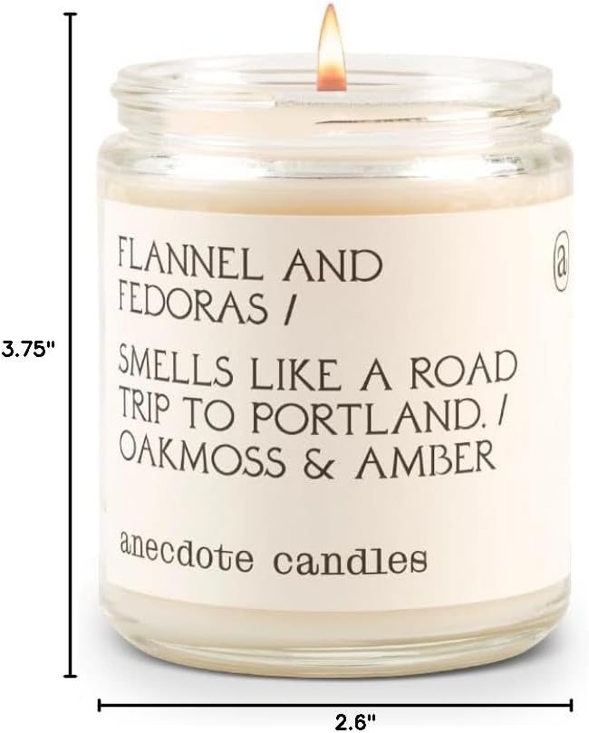 Anecdote 'Flannel & Fedoras' Coconut Soy Wax Candle Jar | Premium Hand Poured & Long Burning | Oakmoss & Amber Scent | Phthalate-Free | for Home, Office, Gift - 7.8 Oz