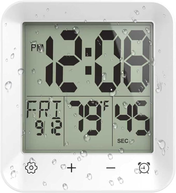 Shower Clock Waterproof, Bathroom Kitchen Wall Clock Timer with Touch Screen, Temperature, Battery Operated, Suction Cup Hanging Hole Stand, White