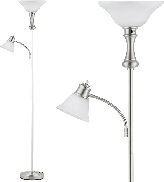 71'' Torchiere Floor Lamps for Living Room, Tall Floor Lamp for Bedroom with Adjustable Angle Arc Reading lamp, Modern Standing lamp with Glass Shade, Knob Switch, Bulb Included, Silver