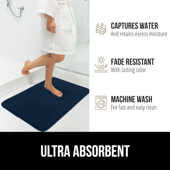 GORILLA GRIP Memory Foam Bath Rugs, Soft Absorbent Velvet Bathroom Mats, Durable Dots on Underside, Machine Washable Bathmat, Carpet Rug Room Decor for Shower Floor, 30x20 Mat, Navy Blue