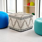 SIMPLIHOME Sweeney Square Pouf - 18 inch Wide Upholstered Wool and Cotton Handloom Woven Ottoman in Grey and Natural, Boho-Style Footstool, Extra Seating or Accent Piece for Living Room, Assembled