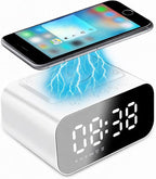 IHAO 7in1 Multifunctional Digital Alarm Clock with 15W Fast Wireless Charger Bluetooth Speaker LED Display Clock FM Radio TF Card, AUX Input, USB Port Dual Alarm for Bedroom and Office-BT510 White