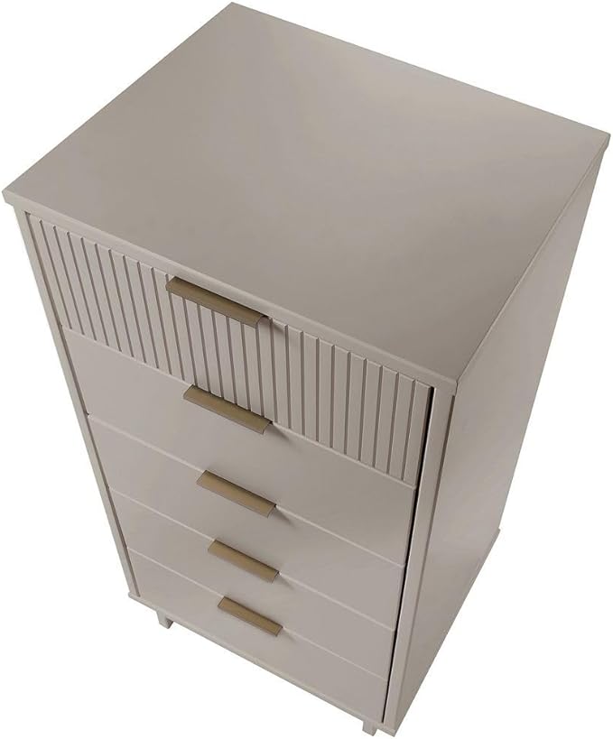 Manhattan Comfort Granville 24-Inch Modern Tall Dresser with 5 Full Extension Soft Close Drawers, Textured Ribbed Lines Design Made of Solid Wood with Gold Accent, TV Stand for Bedroom, Light Grey