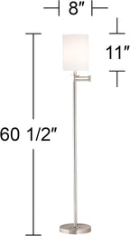 360 Lighting Modern Swing Arm Floor Lamp Adjustable Standing Base 60.5" Tall Brushed Nickel Silver White Cotton Fabric Cylinder Shade for Living Room Reading House Bedroom