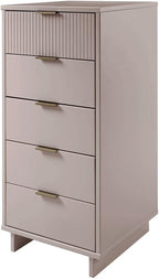 Manhattan Comfort Granville 24-Inch Modern Tall Dresser with 5 Full Extension Soft Close Drawers, Textured Ribbed Lines Design Made of Solid Wood with Gold Accent, TV Stand for Bedroom, Light Grey