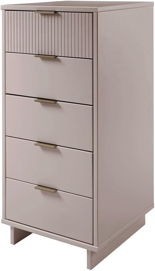 Manhattan Comfort Granville 24-Inch Modern Tall Dresser with 5 Full Extension Soft Close Drawers, Textured Ribbed Lines Design Made of Solid Wood with Gold Accent, TV Stand for Bedroom, Light Grey