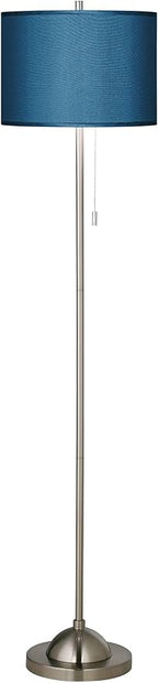 Possini Euro Design Modern Minimalist Pole Floor Lamp Standing Thin 62" Tall Brushed Nickel Silver Blue Textured Fabric Drum Shade Decor for Living Room Reading House Bedroom Home