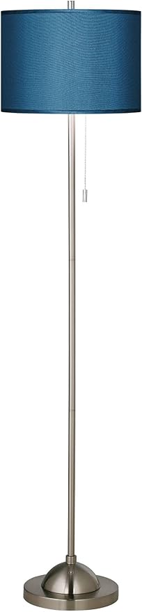Possini Euro Design Modern Minimalist Pole Floor Lamp Standing Thin 62" Tall Brushed Nickel Silver Blue Textured Fabric Drum Shade Decor for Living Room Reading House Bedroom Home