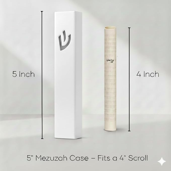 SURI Mezuzah Case – 5 Inch White Aluminum Mezuzah Cover with Printed Scroll, Self-Stick Adhesive, Fits a 4 Inch Mezuza Scroll, Open-Back Design for Indoor Use, Gift Box Included
