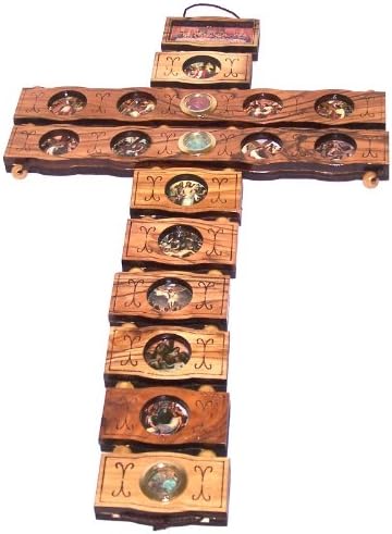 Holy Land Market Stations of the Cross etched as icons on this Olive wood Cross made by Laser technology (14 Stations Cross/Crucifix, 14 Inches)