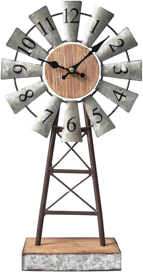 MODE HOME Rustic Windmill Table Clock for Living Room Decor, Vintage Galvanized Metal & Wood Desk Clock with Silent Quartz Movement, Farmhouse Windmill Decor for Living Room, Mantel, Shelf & Office