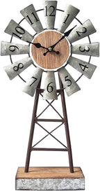 MODE HOME Rustic Windmill Table Clock for Living Room Decor, Vintage Galvanized Metal & Wood Desk Clock with Silent Quartz Movement, Farmhouse Windmill Decor for Living Room, Mantel, Shelf & Office