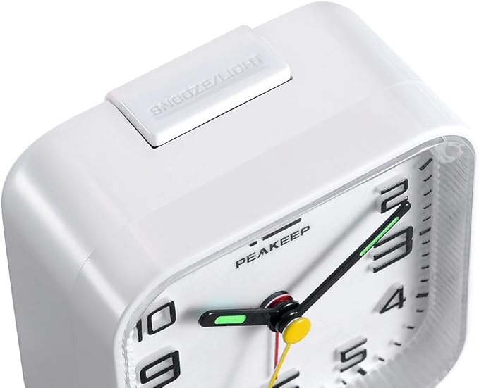 Peakeep 3D Numbers No Tick-Tock Analog Alarm Clock with Classic Beep Sound, Snooze, Manual Light and Battery Powered Small for Travel (White-3D)