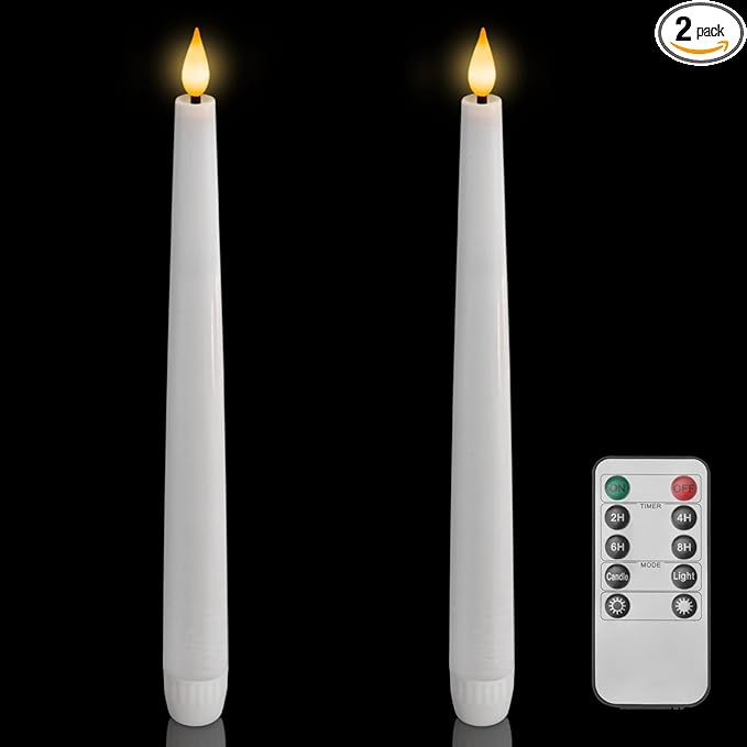 Homemory 2 Pcs Waxy Flameless Taper Candles with Remote, Led Flameless Candlesticks Classic Tall Candle, Flickering Battery Operated Taper Candles for Bedroom, Dining Room, White, 9.6 inches