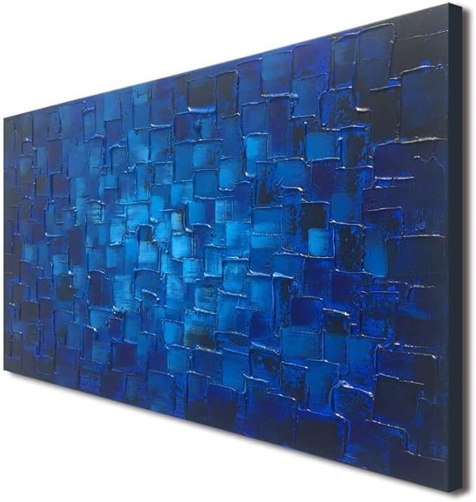 MyArton Large Abstract Dark Blue Square Canvas Wall Art Hand Painted Textured Oil Painting on Canvas Ready To Hang Artwork 56x28inch