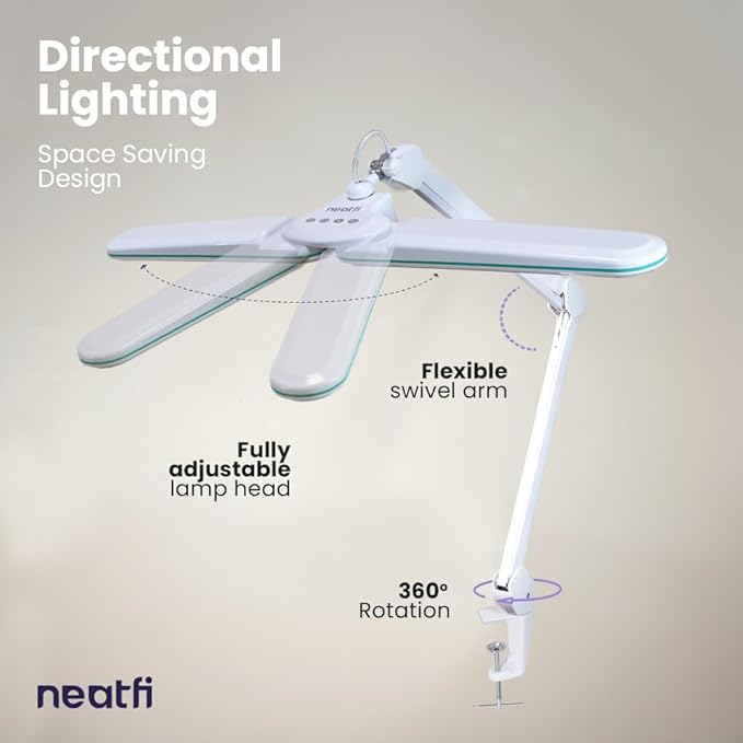Neatfi Elite HD XL LED Desk Lamp, 3 Light Modes, 90PCS SMD LED, Non-Polar Dimming, Bright Eye-Caring Lighting for Home Office, Drafting, Beauty Shop, Workbench (CCT with Clamp, Blue Ring, 17 Inches)
