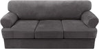 H.VERSAILTEX 4 Piece T Cushion Sofa Slipcovers Thick Velvet Stretch Couch Cover Furniture Protector for 3 Couch Covers with 3 Individual T Cushion Covers Washable, Grey