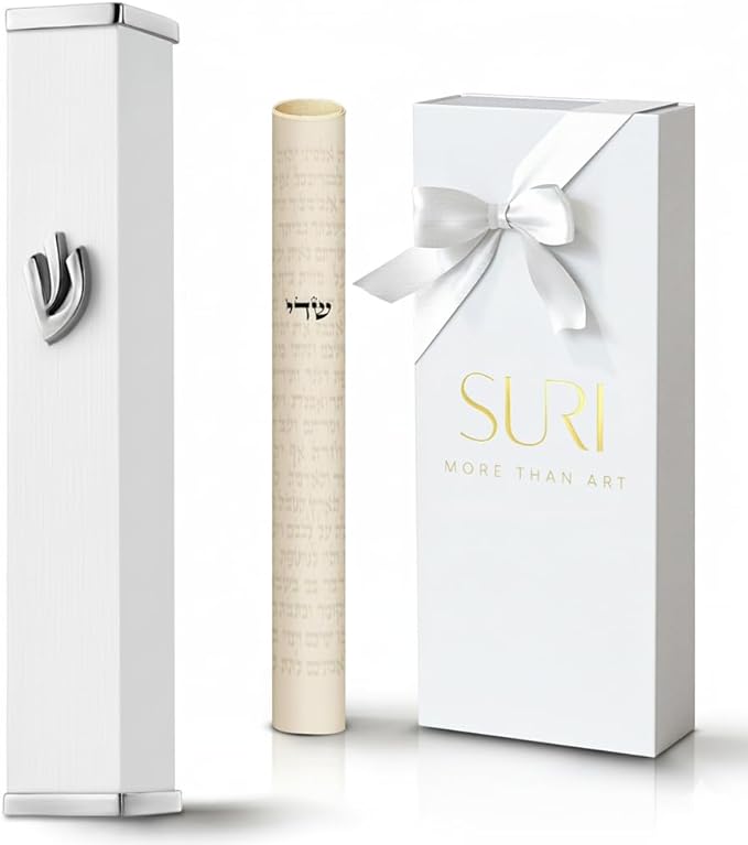 SURI Small Mezuzah Case – 3.8 Inch White Aluminum Mezuza Cover with Printed Scroll Set, Fits a 3 Inch Scroll, Self-Stick Adhesive, Gift Box Included