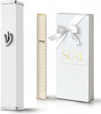 SURI Small Mezuzah Case – 3.8 Inch White Aluminum Mezuza Cover with Printed Scroll Set, Fits a 3 Inch Scroll, Self-Stick Adhesive, Gift Box Included
