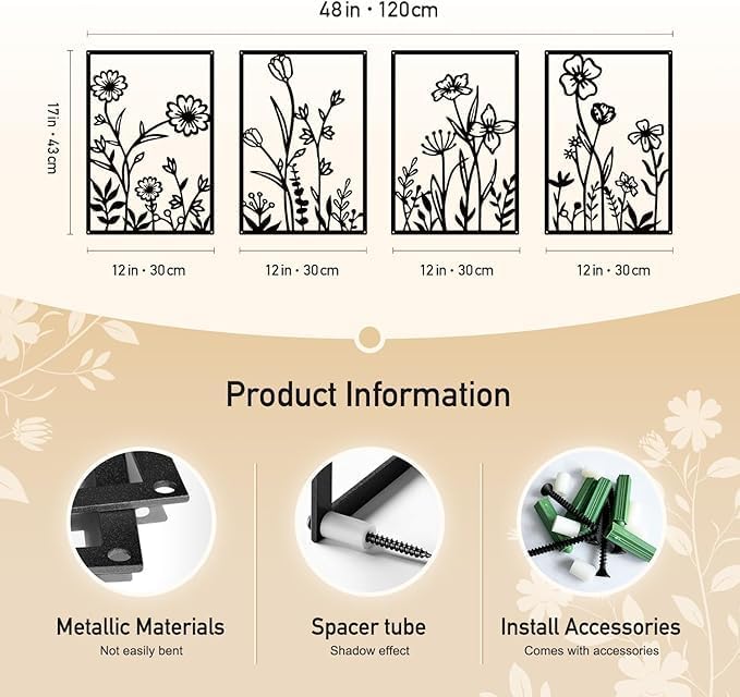 Black Metal Flowers Wall Decor: Elegant Floral Wall Art Sculptures for Bedroom, Bathroom, and Living Room - Set of 4, 12 x 17 in each