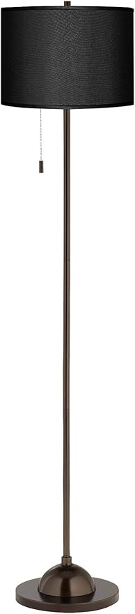 Possini Euro Design Modern Club Style Floor Lamp Standing 62" Tall Tiger Bronze Metal Black Textured Faux Silk Fabric Drum Shade Decor for Living Room Reading House Bedroom Home