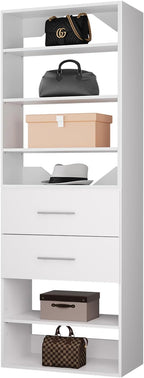 ROOMTEC Modular Closet System, 31.5" 2 Drawer Shelf Closet Tower Wall-Mounted Closet Organizer, Wooden Tower for Walk-In Closets, Wardrobe Storage Kit, White